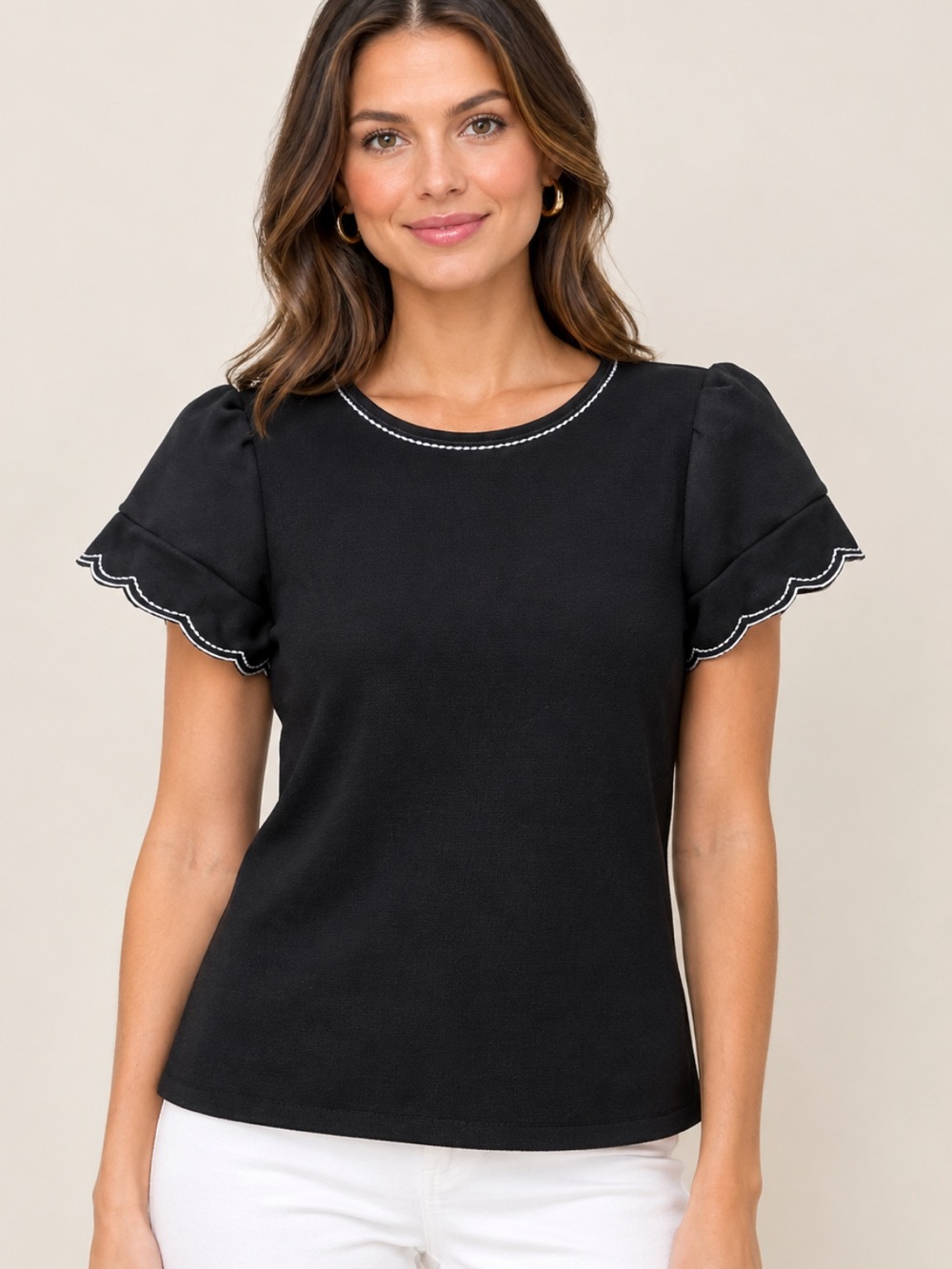 Ann Taylor Black Puff Sleeve Jersey Top with White Scallop Trim